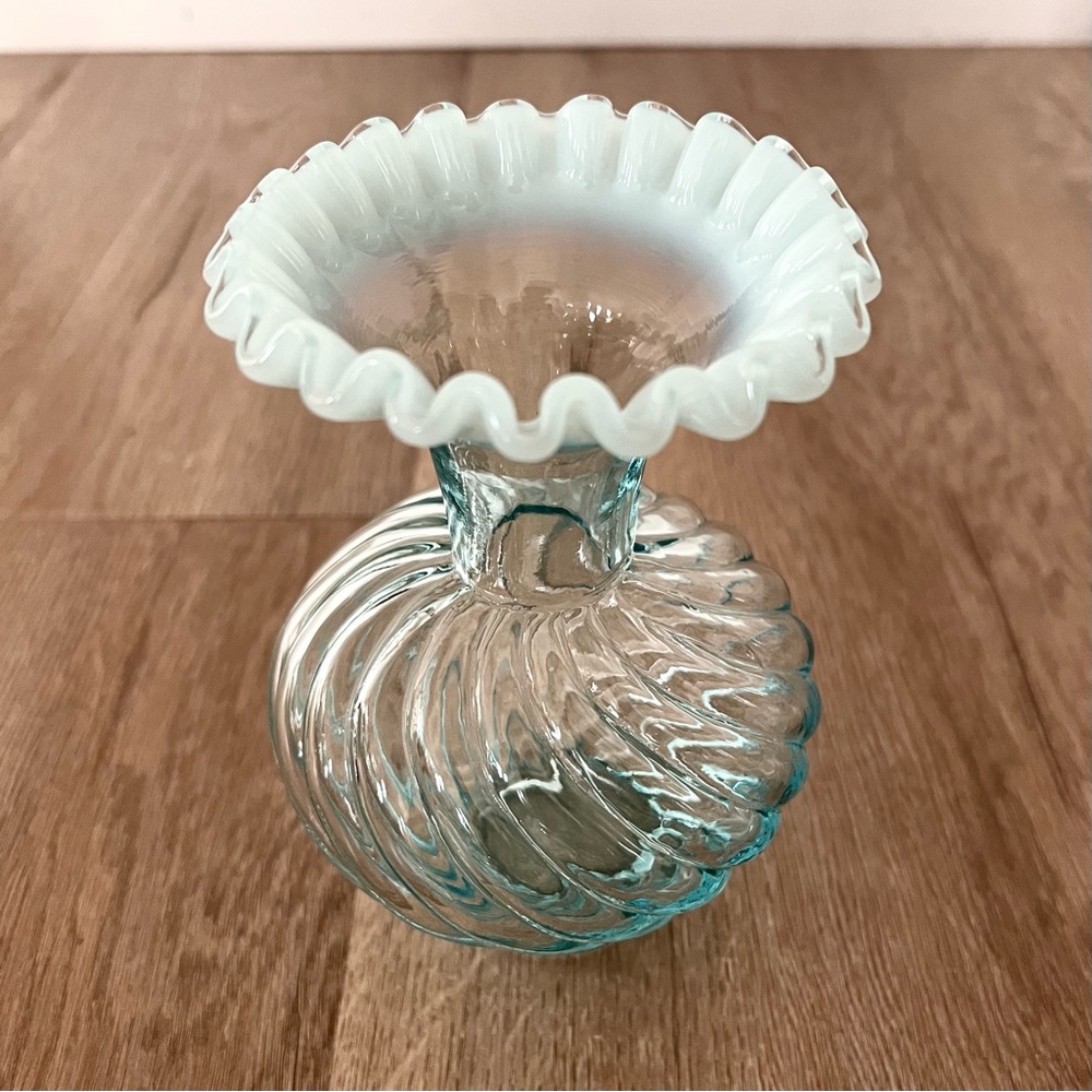 Fenton 1980s Light Blue Vase With Opalescent Ruffled Top 6” Tall Signed Vintage